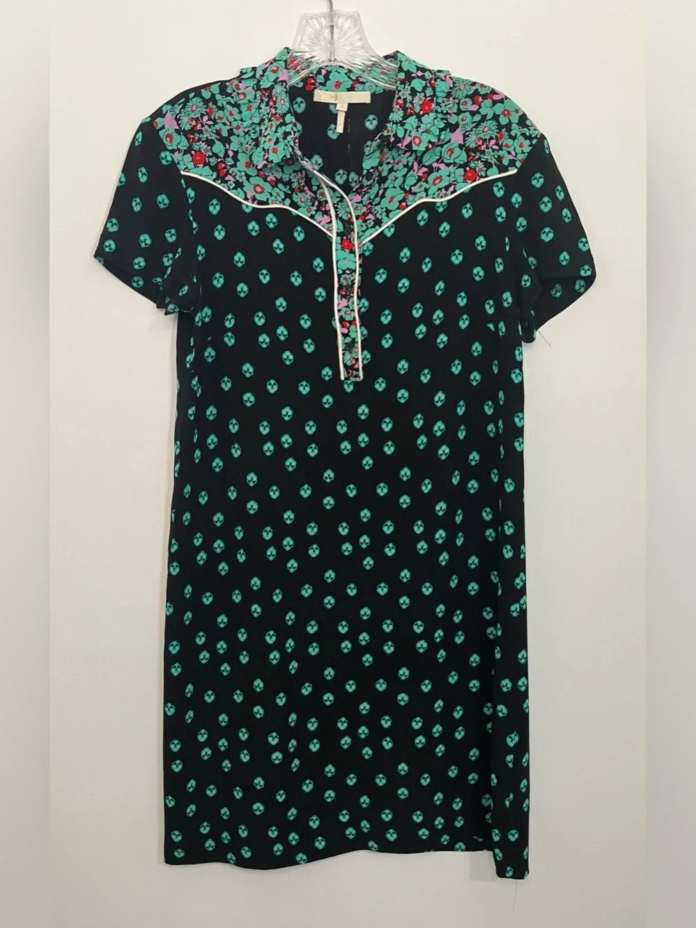 Maje Mini Dress US Sz Medium Black Green Romani Floral Print Short Sleeves Indie - Picture 2 of 6